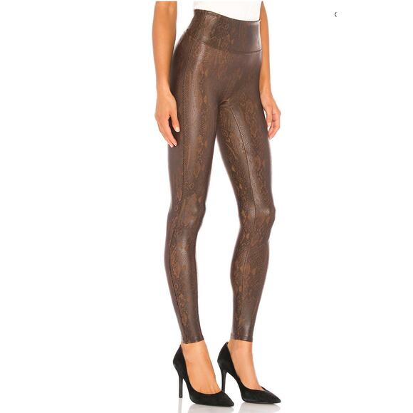 Spanx Faux Leather Brown Snakeskin Leggings Size XL High Rise Edgy Animal Print - Picture 16 of 16